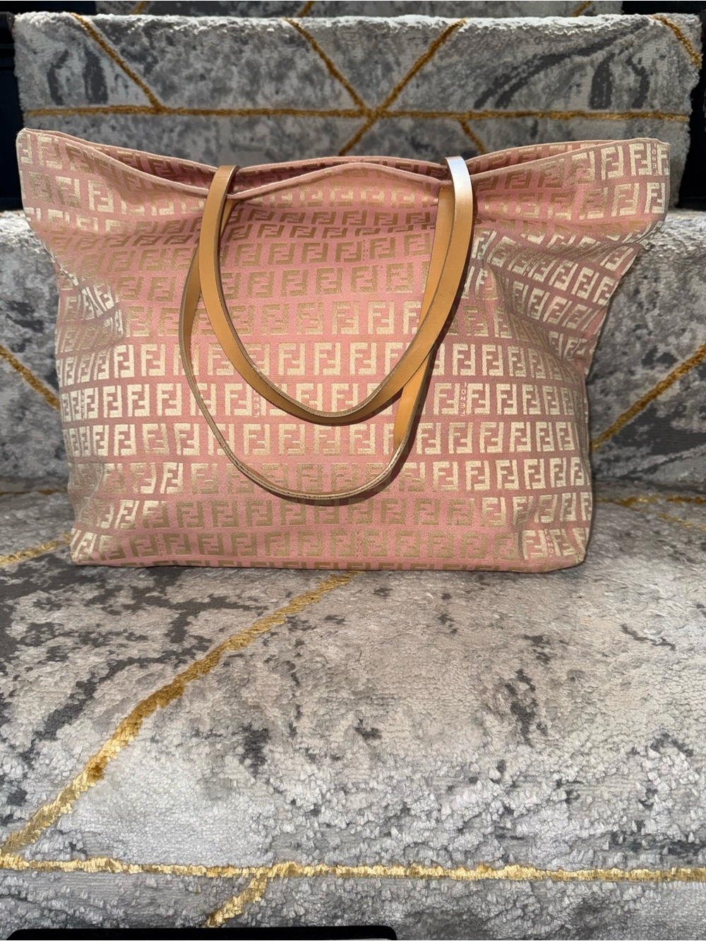 Fendi Pink FF Logo Jacquard Tote with Tan Leather Straps